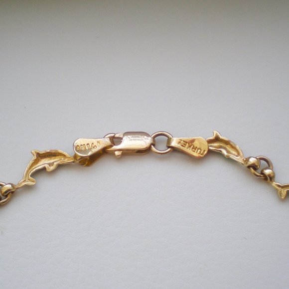 Vintage Solid 14K Yellow Gold Turquoise Blue Enamel Dolphin Tennis BRACELET - Picture 4 of 6